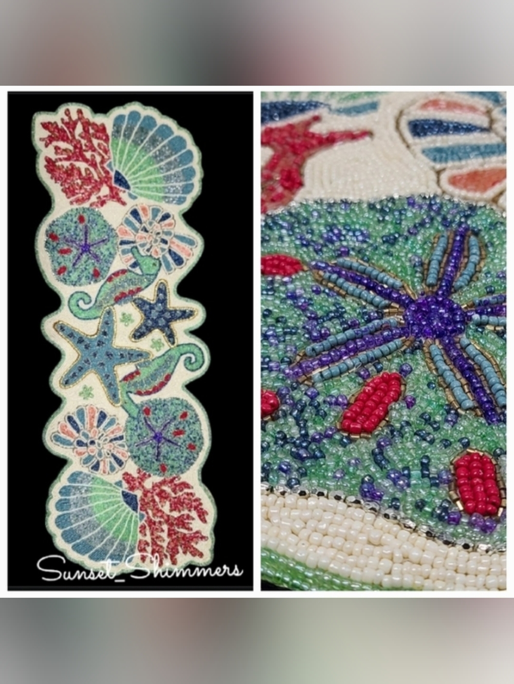 Beaded Seahorse Starfish Seashell Coral Tablerunner Decor Coastal Ocean Beach